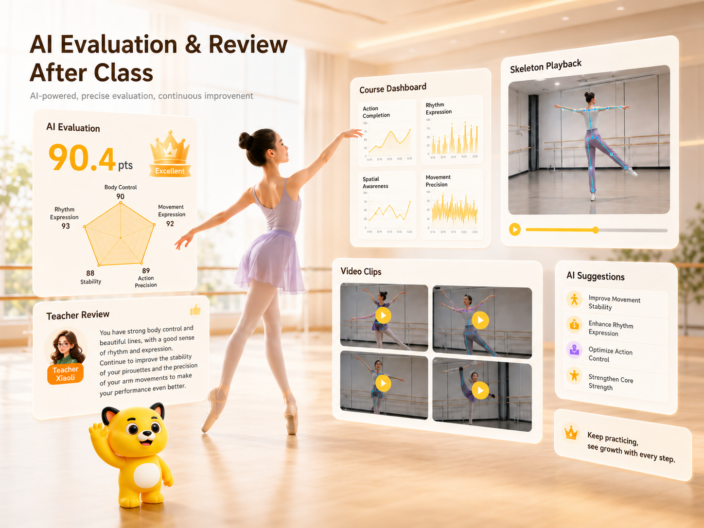 Post-class AI assessment illustration with scores, radar charts, video clips, skeleton replay, and coach feedback