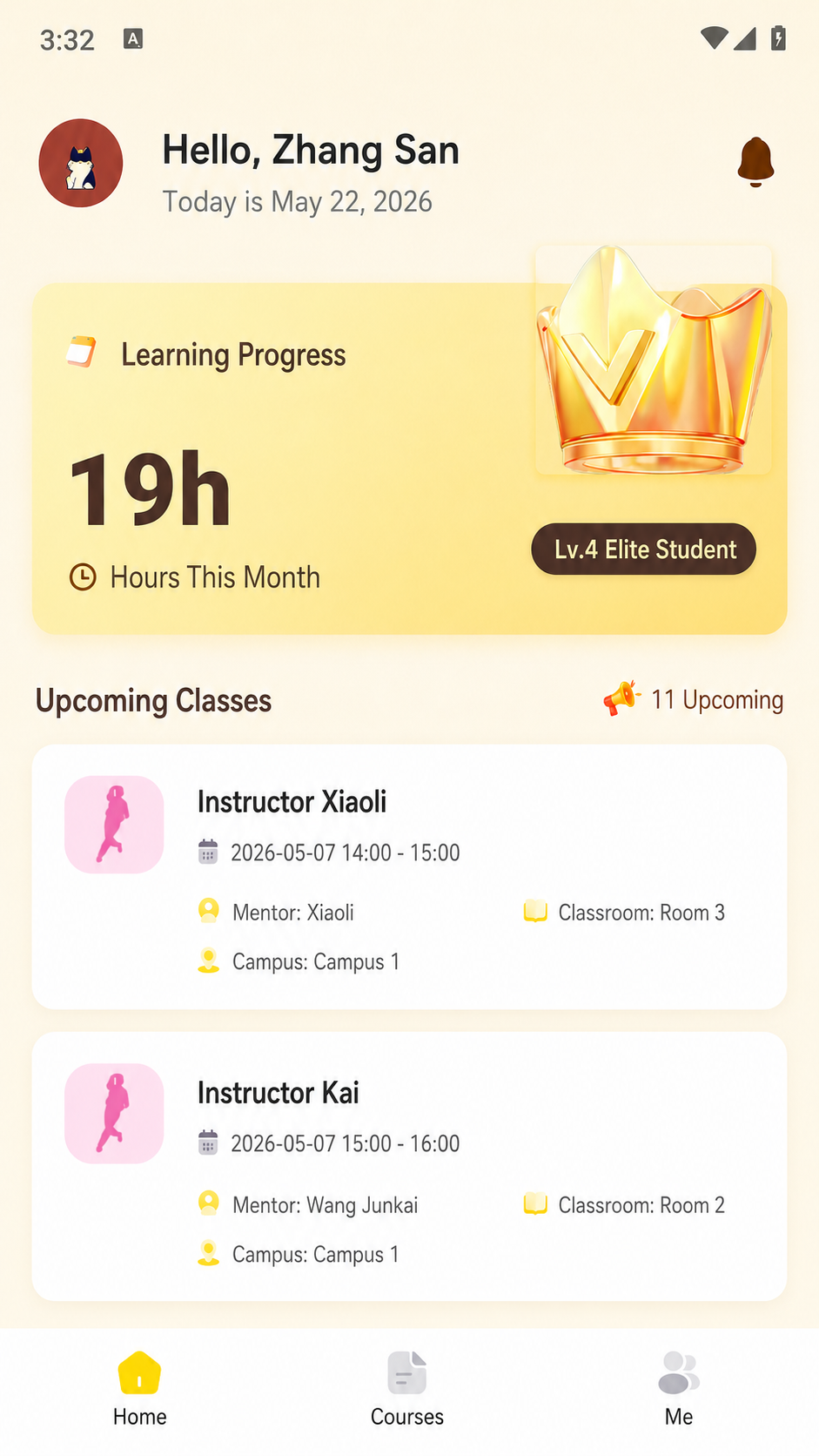 Student app home screen