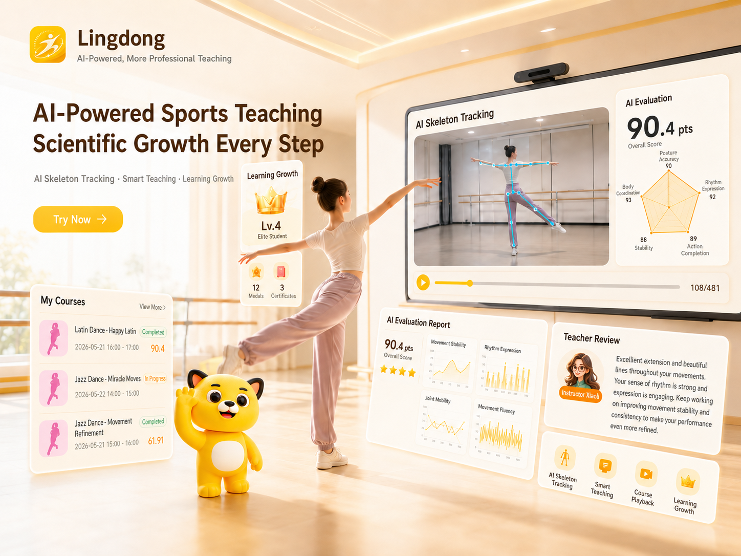 Lingdong AI movement teaching hero visual with dance training, skeleton tracking, AI assessment, and learning growth cards