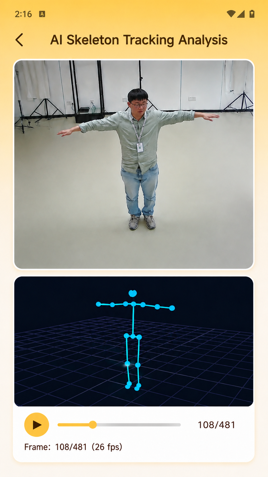 Student app AI skeleton tracking analysis page with main video and skeleton replay comparison